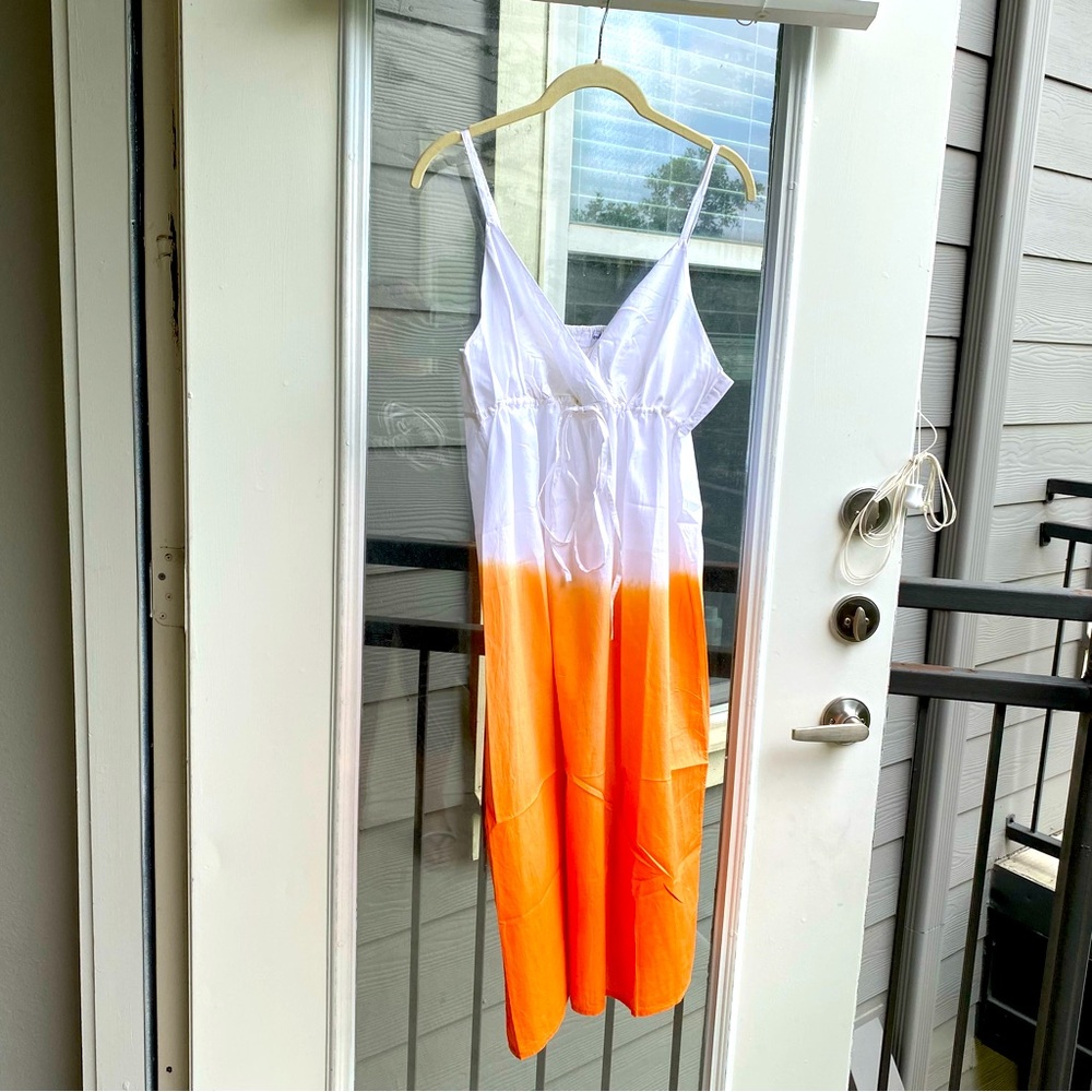 PROVOGUE Dip Dye Cotton Sleeveless V-Neck Large Orange Sundress